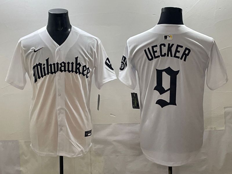 Men 2025 Milwaukee Brewers #9 Uecker White Five generations Joint Name Nike MLB Jersey style 01